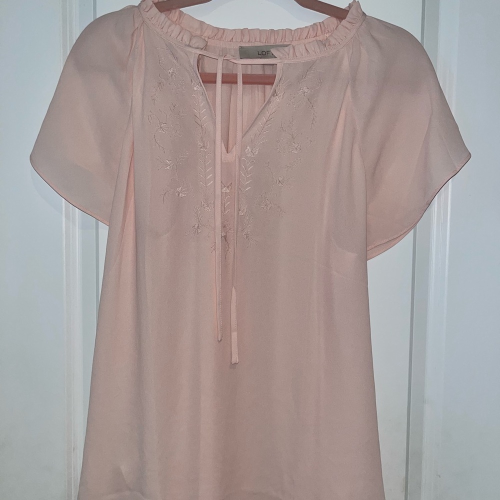 LOFT Pink Flutter Sleeve Blouse with Tie Front